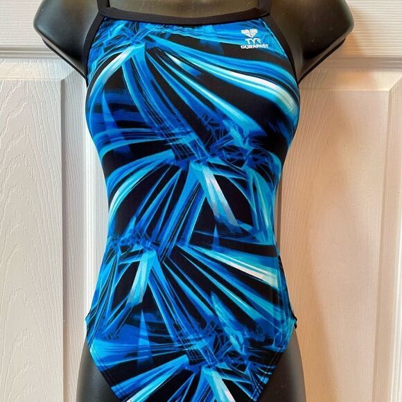 BLACK AND BLUE ONE PIECE BATHING SUIT BY TYR GENTLY LOVED SIZE 32 - Picture 2 of 8